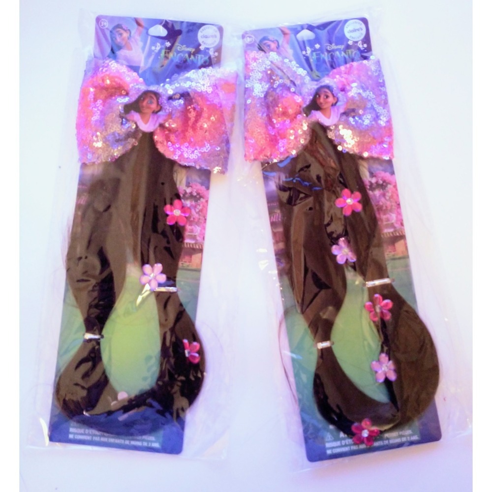 Claire's Disney Encanto Hair Clip Brunette Ponytail Pink Purple Flowers Lot Of 2